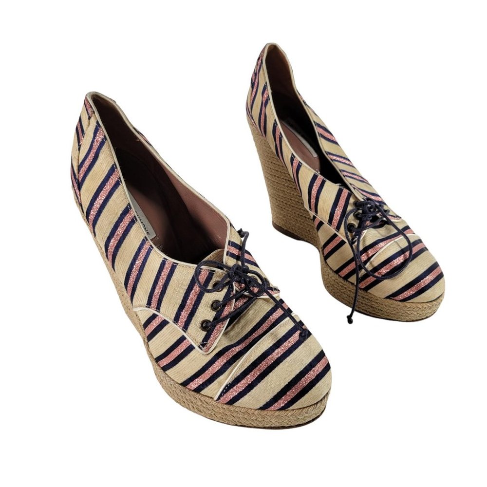 Tabitha Simmons STRIPED OXFORD WEDGE Pink Navy Espadrille Heels Women Sz 7.5 - Picture 1 of 11